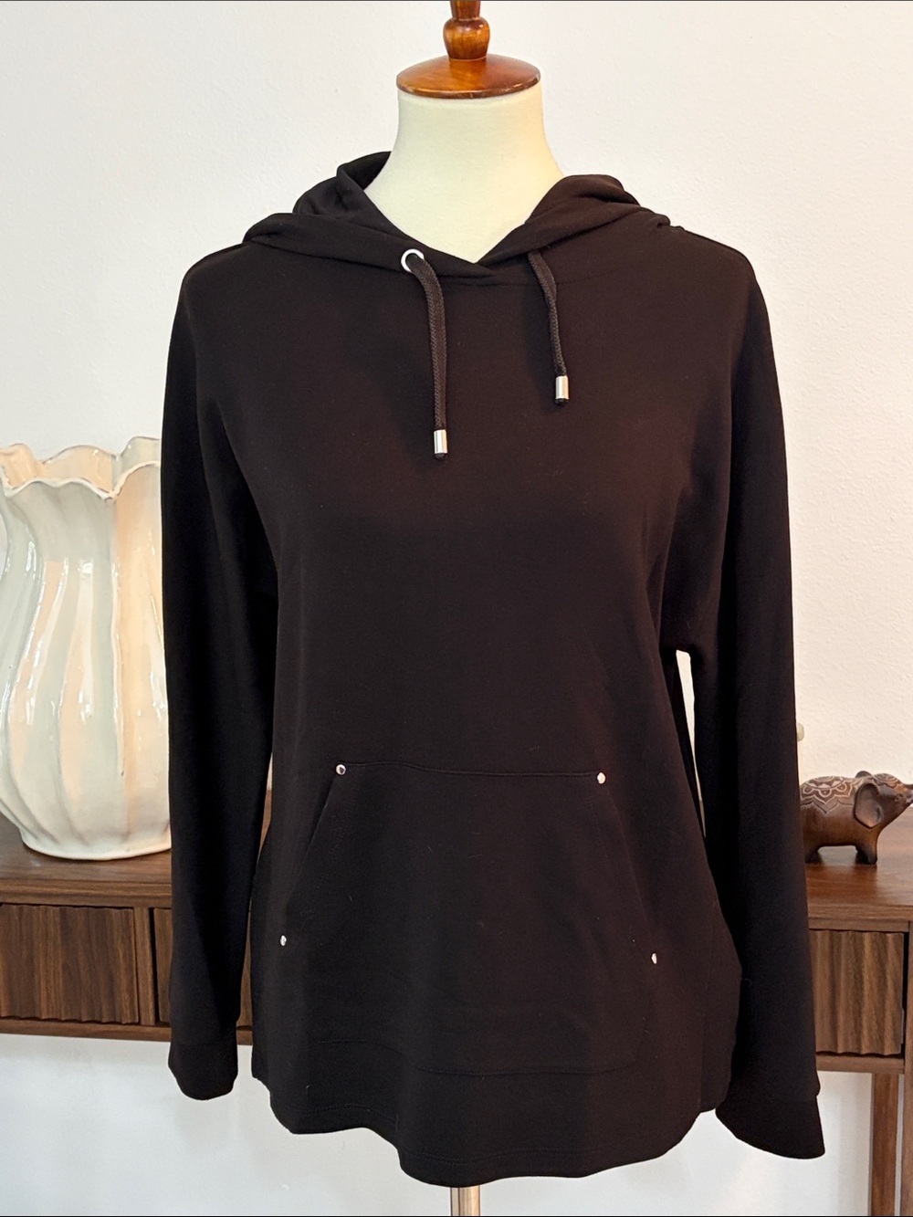 NWOT Magaschoni Black Hooded Sweatshirt with Stud Detail and Front Pockets